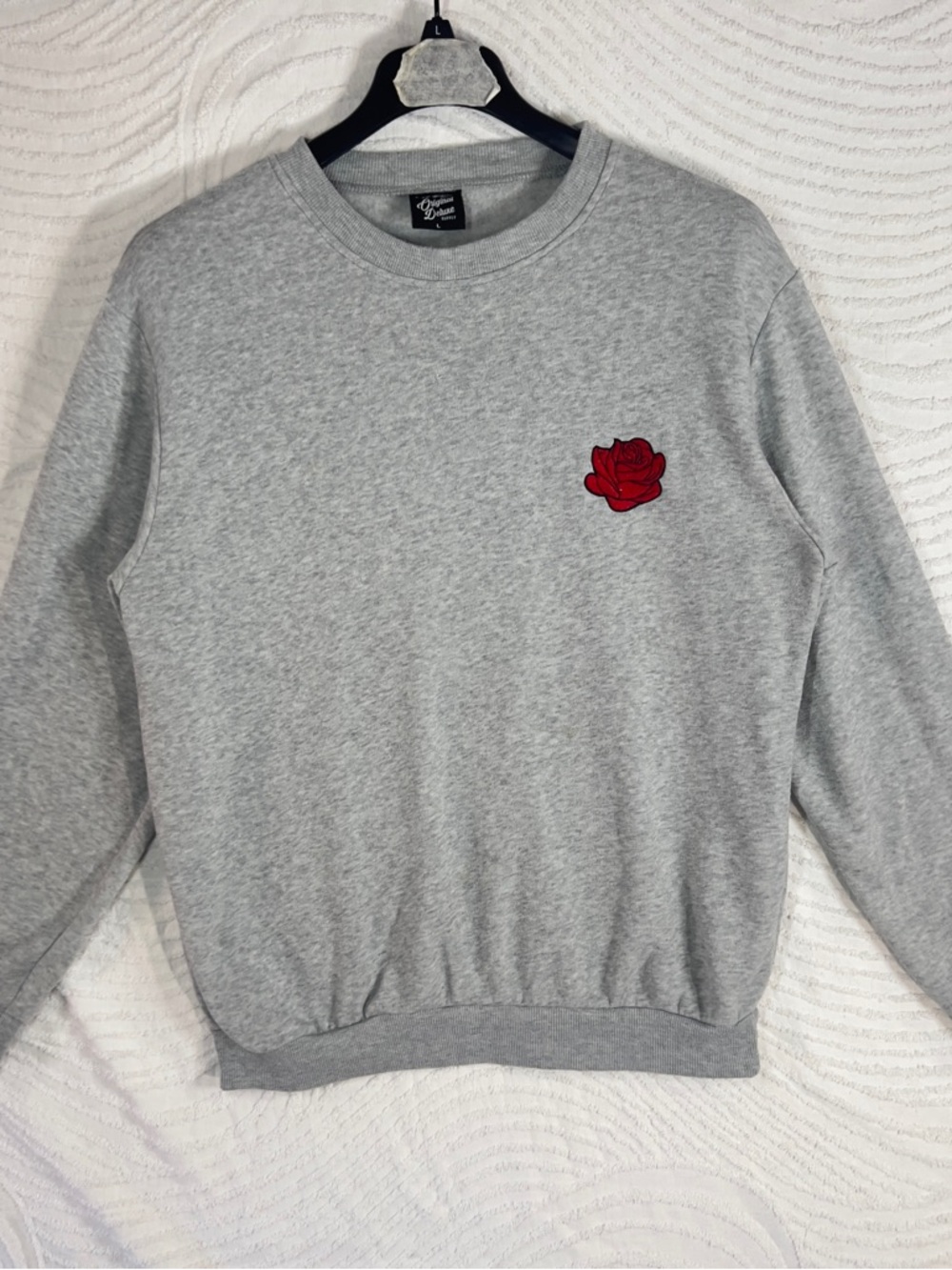 Original Deluxe Grey Crewneck Sweatshirt with Red Rose Patch